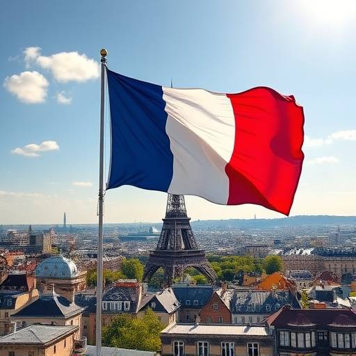 Miniature du cours : Am√©liorez votre fran√§ais : de d√©butant √† avanc√©. Un drapeau fran√§ais flottant au-dessus de Paris.